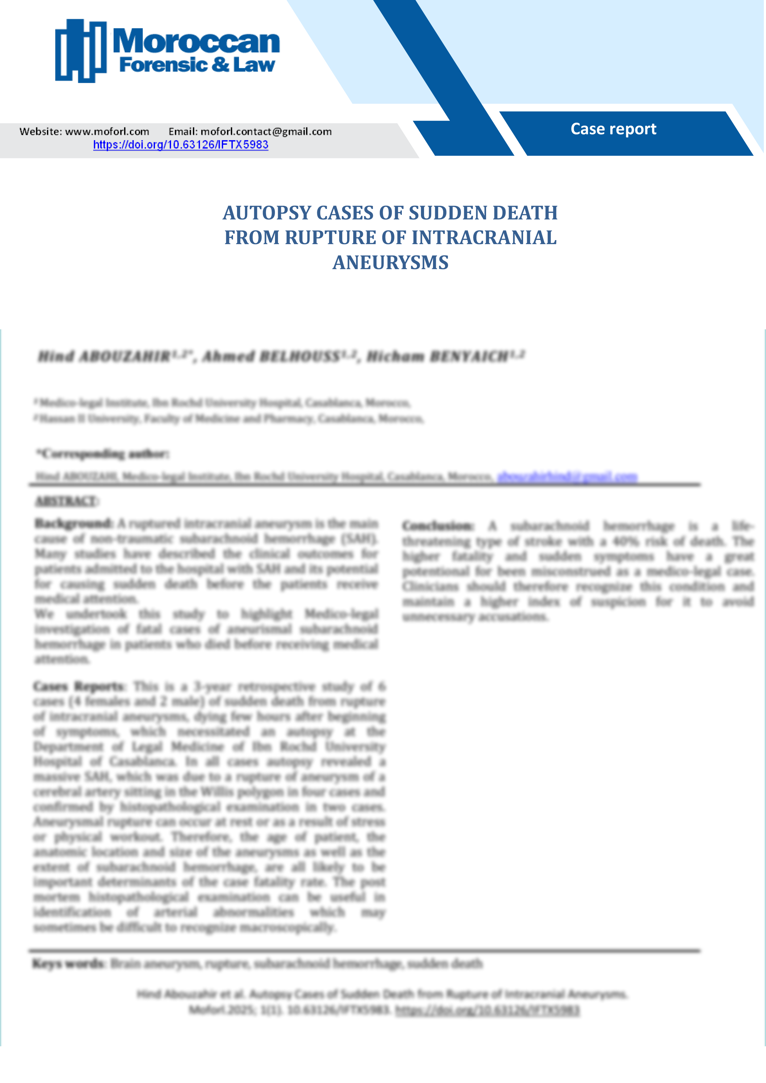 Autopsy Cases of Sudden Death from Rupture of Intracranial Aneurysms