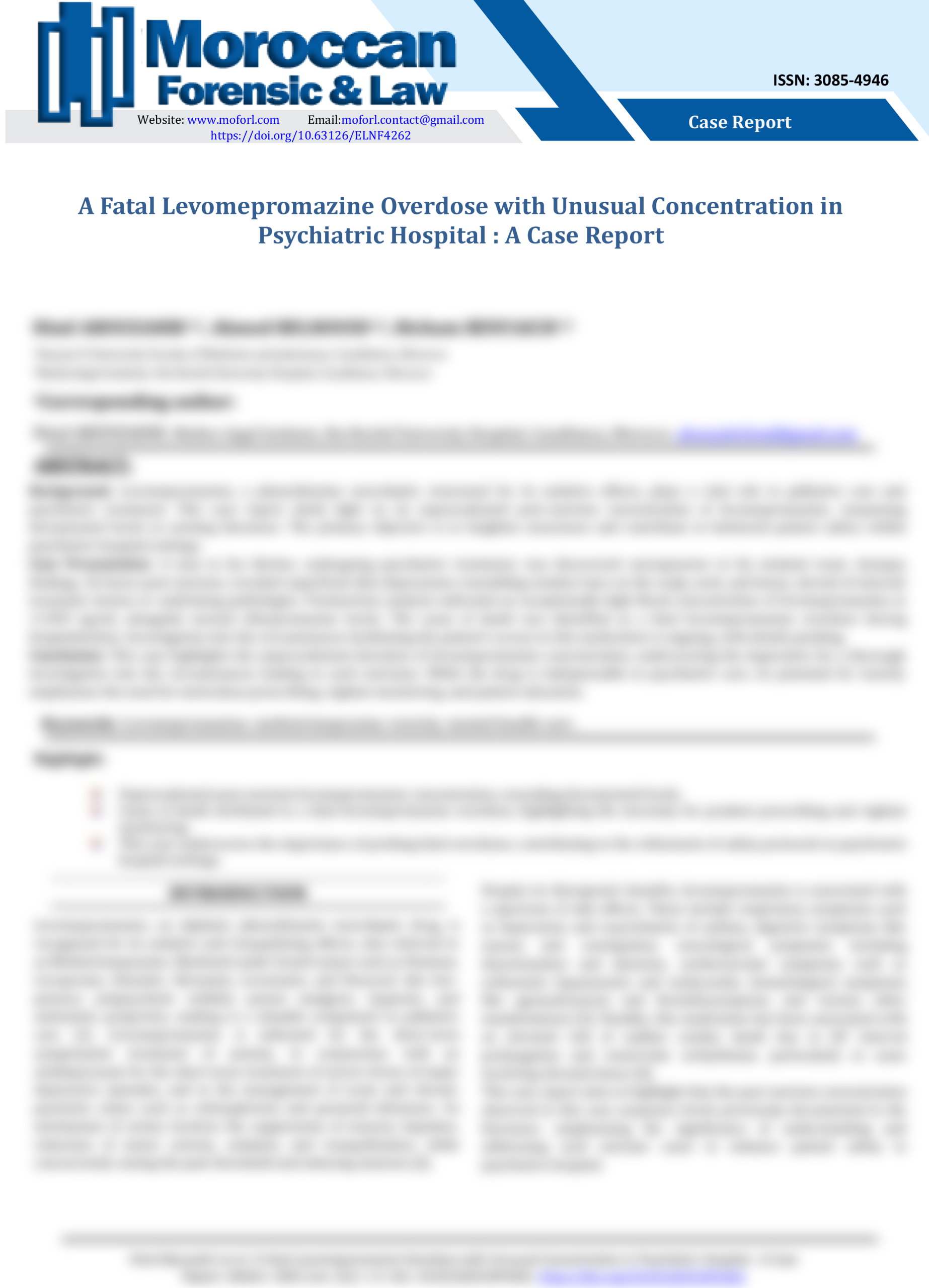 A Fatal Levomepromazine Overdose with Unusual Concentration in Psychiatric Hospital A Case Report- Moroccan forensic and law-1